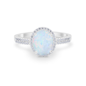 Oval  Engagement Ring Round Lab Created White Opal 925 Sterling Silver